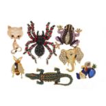 Seven jewelled and enamelled animal and insect brooches including tarantula, crocodile, frog and