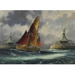 Peter Leath - Winter sunshine, showing Emelien entering Lowestoft Harbour, oil on board, details