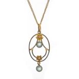 Art Nouveau 9ct gold blue stone pendant on a 9ct gold necklace housed in a G Kenning & Son box,