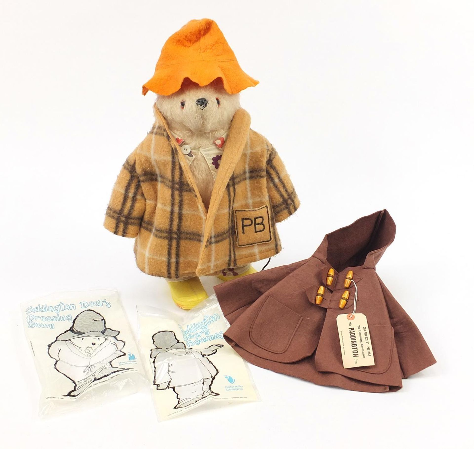 Vintage Gabrielle Design Paddington bear with yellow Wellington boots with spare clothing, 51cm high