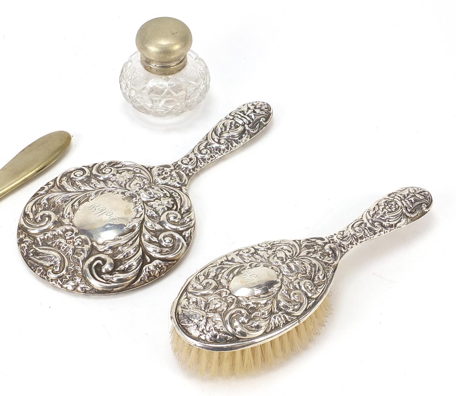 Vanity items including piqué work design hand mirror and brush and sterling silver hand mirror and - Image 3 of 7