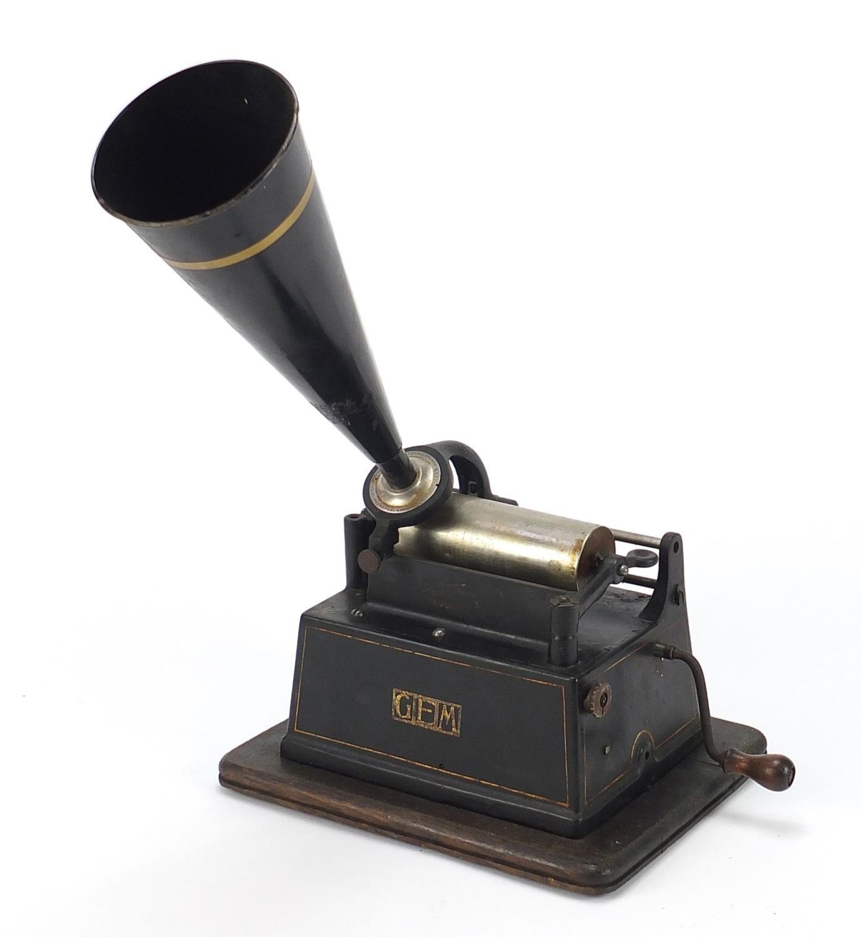 Thomas Edison oak cased phonograph with horn and three reels, 25cm wide excluding the handle - Image 3 of 11