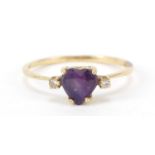 14ct gold love heart amethyst and diamond ring, size L, 1.0g