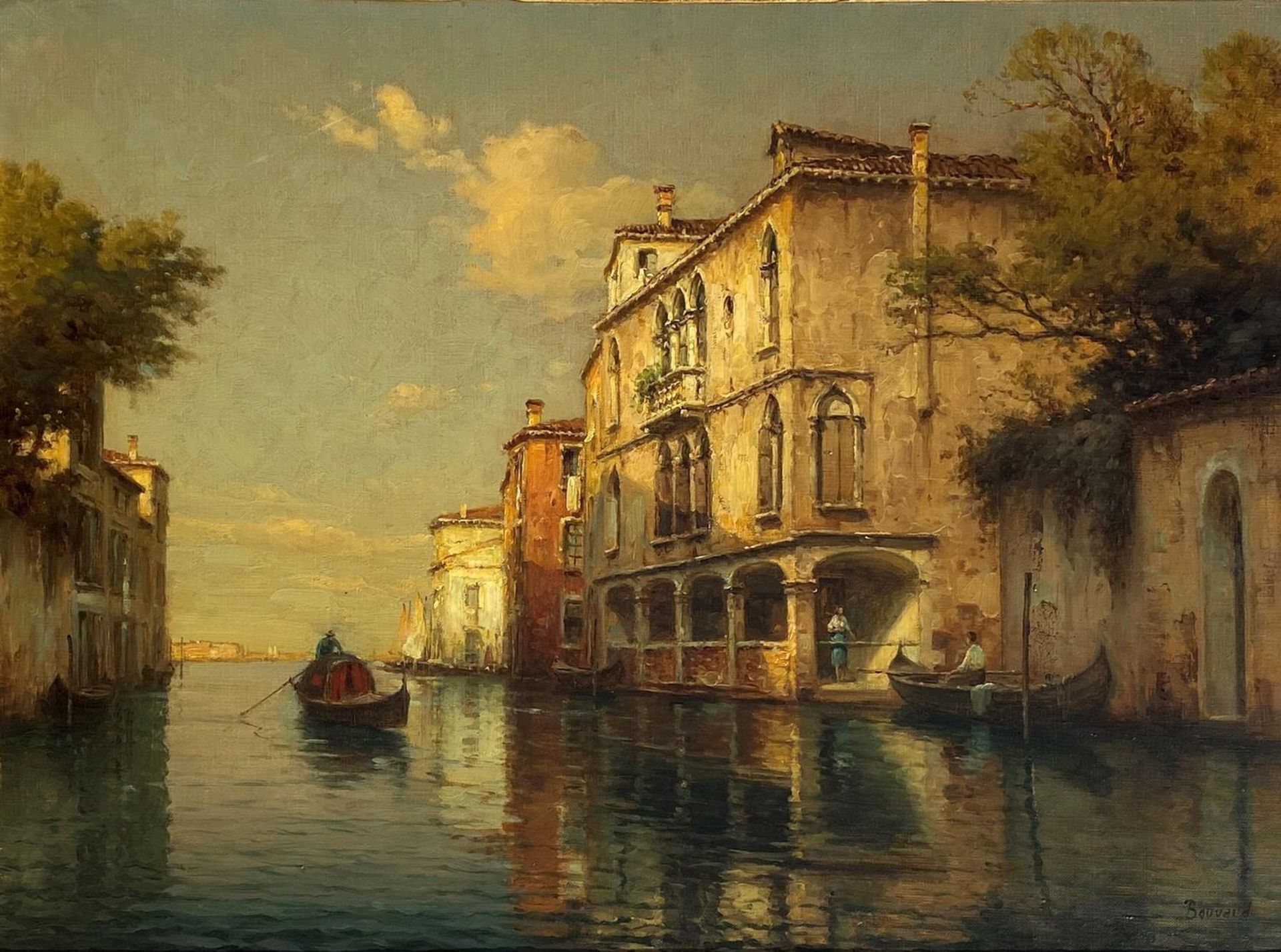 ** WITHDRAWN ** Antoine Bouvard - Gondola on Venetian backwater, French oil on canvas inscribed Kin