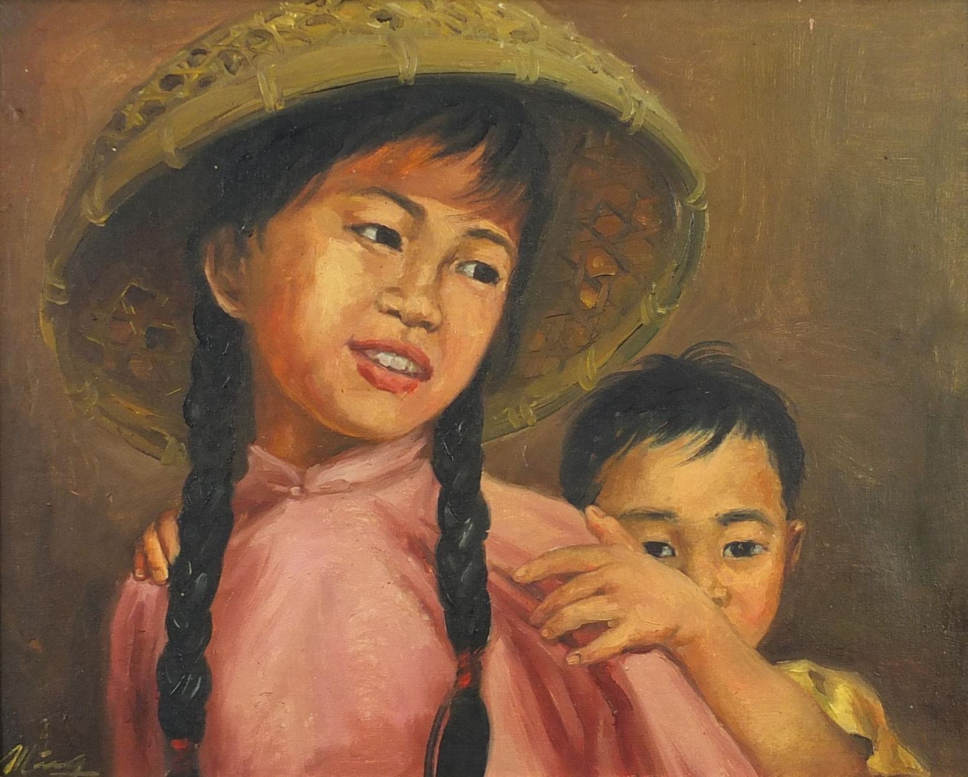 Ming - Portrait of two Chinese children and a harbour, two Asian school oil on canvasses, mounted - Image 2 of 9