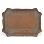 Rectangular Arts & Crafts copper tray embossed with stylised fruit, possibly Sutherland Cripples
