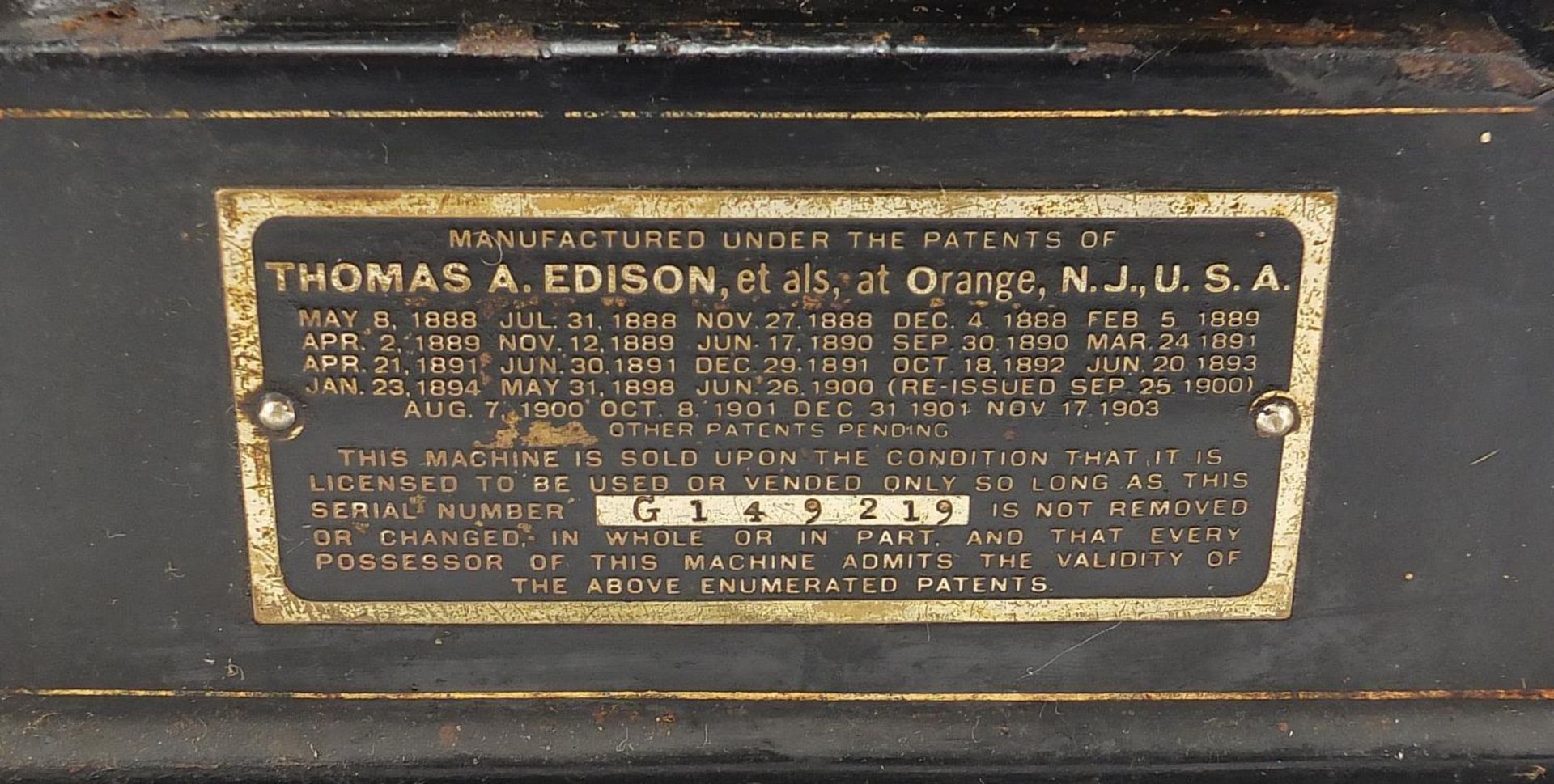 Thomas Edison oak cased phonograph with horn and three reels, 25cm wide excluding the handle - Image 6 of 11