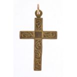 9ct gold cross pendant with engraved decoration, 3cm high, 1.6g