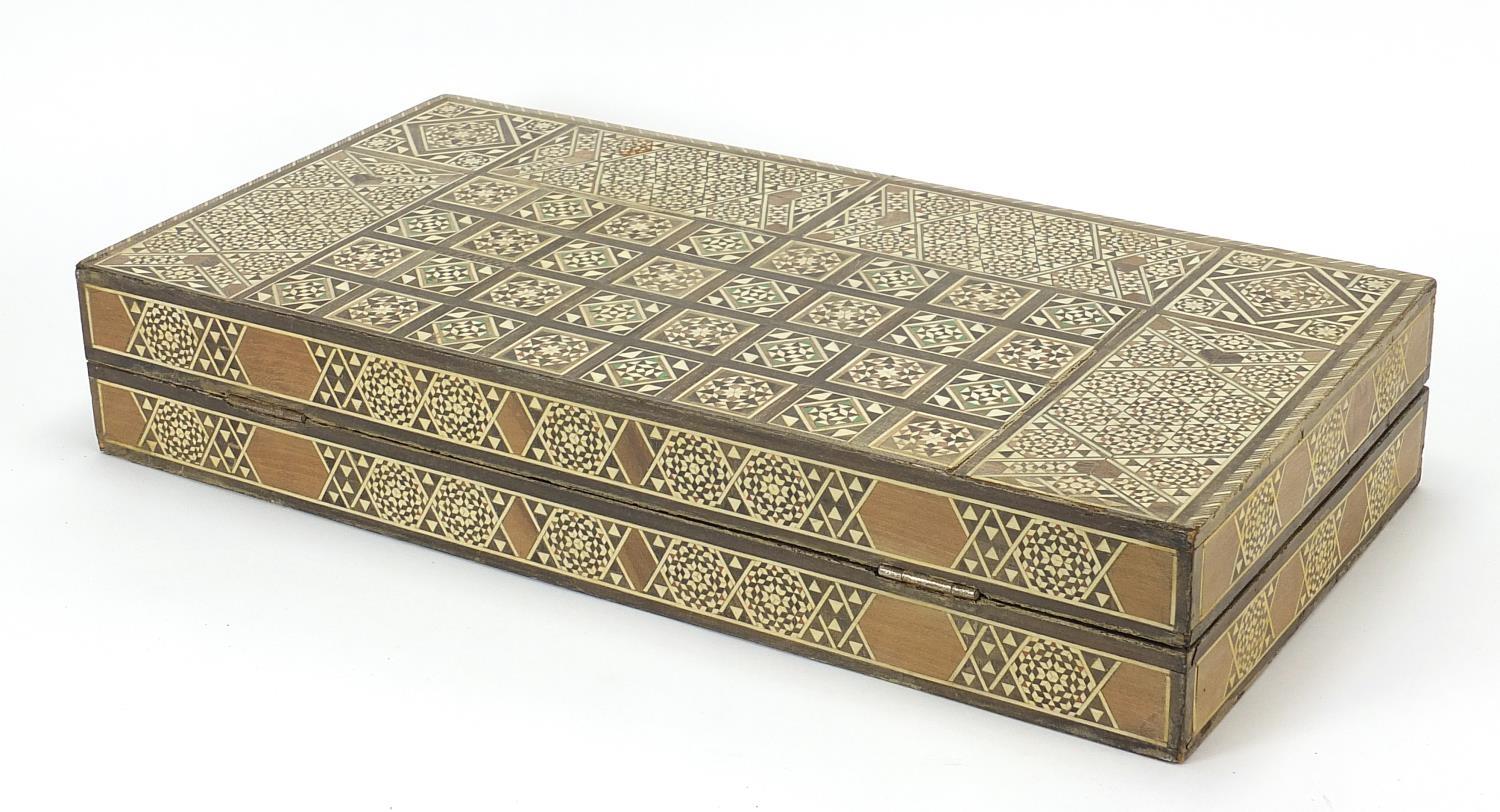 Syrian Moorish design inlaid folding chess/ backgammon games board, 50cm x 50cm when open - Image 5 of 5