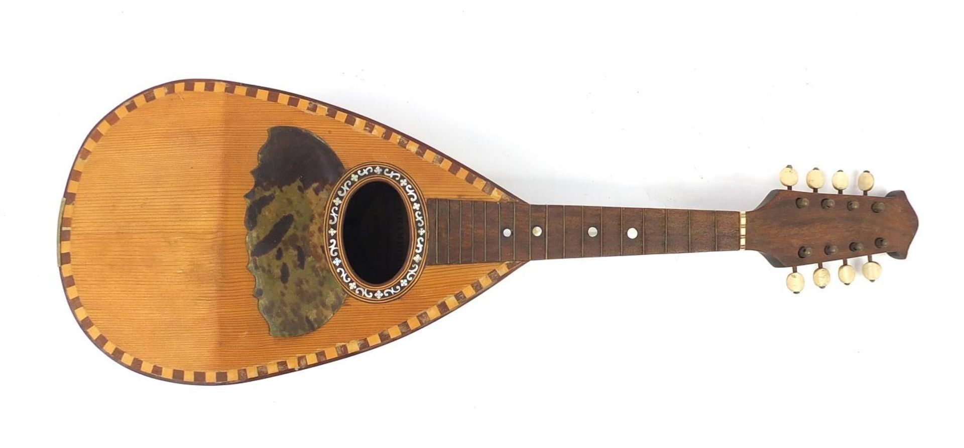 Italian inlaid rosewood melon shaped mandolin with case and D C O Brambilla of Napoli paper label to