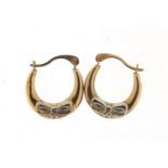 Pair of 9ct gold two tone hoop earrings, 1.2cm in diameter, 0.6g