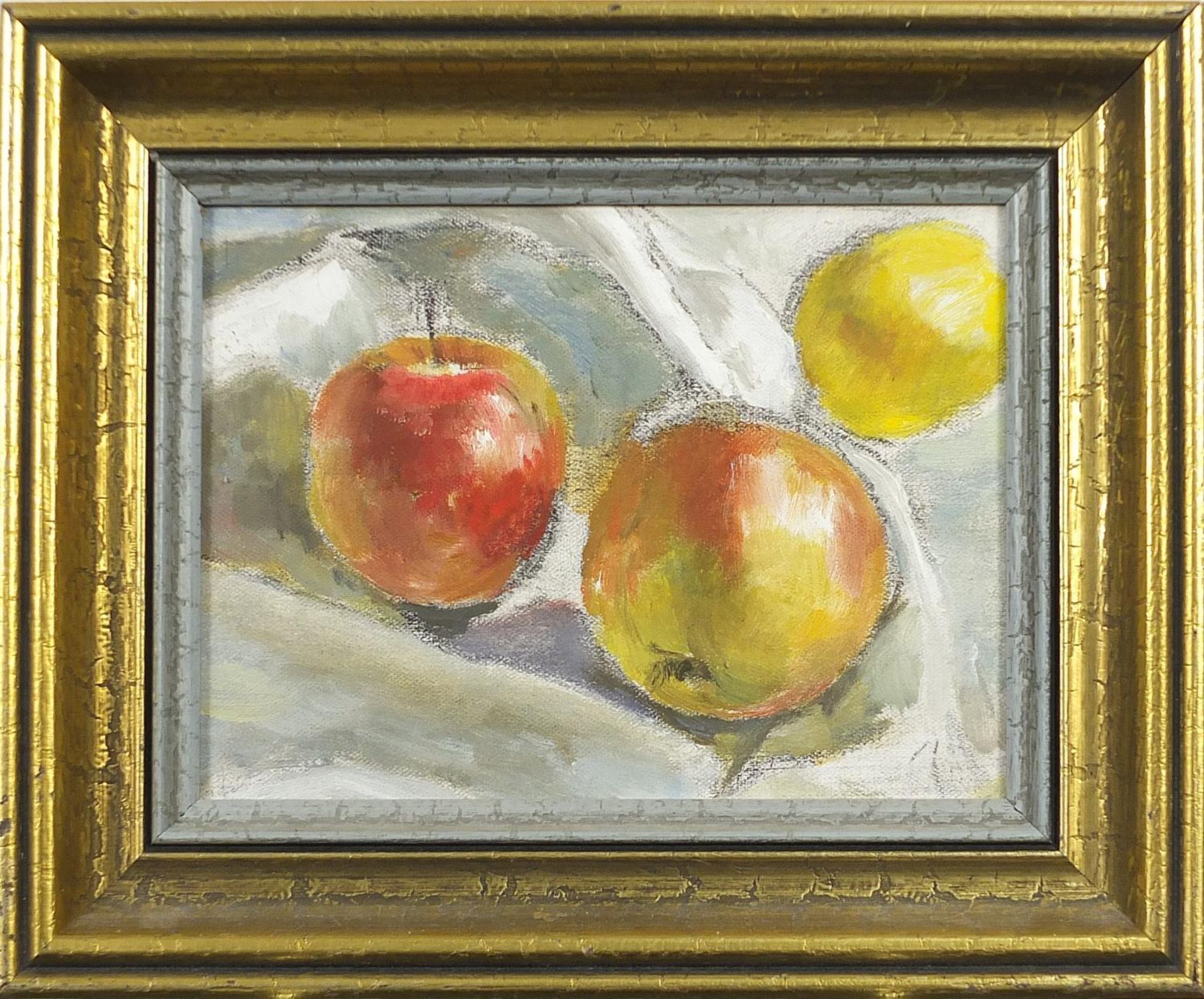 Still life apples, Impressionist oil on board, mounted and framed, 19cm x 14cm excluding the mount - Image 2 of 3