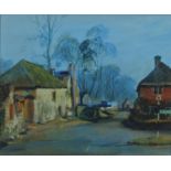 Village lane with cottages, oil on board, bearing an indistinct signature, possibly Mallbr...?,