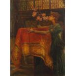 Female smelling flowers, Pre-Raphaelite school oil on board, framed, 49.5cm x36cm excluding the