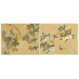 Birds and insects amongst flowers, Pair of Chinese watercolours on silk with red seal marks,