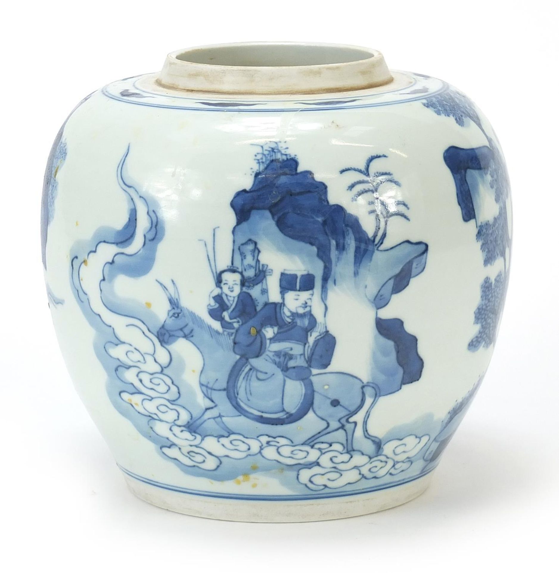 Chinese blue and white porcelain ginger jar hand painted with figures in a palace setting, Kangxi - Image 2 of 7