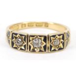 Victorian 18ct gold diamond and black enamel three stone mourning ring, Birmingham 1883, housed in a