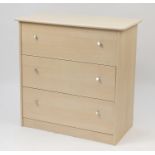 Contemporary light wood three drawer chest, 81cm H x 80cm W x 40.5cm D