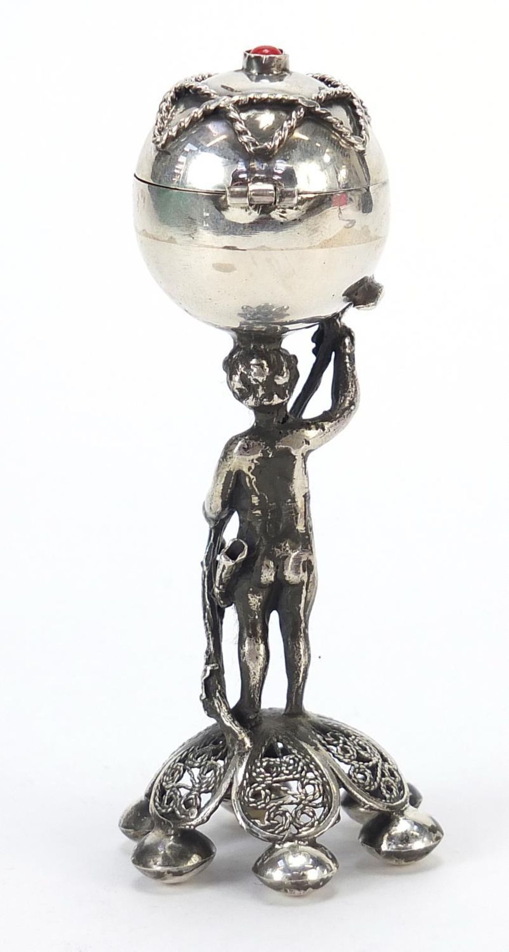 Russian silver caster with hinged lid and Putti support, impressed marks, 10cm high, 63.8g - Bild 2 aus 6