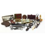 Objects including an Art Nouveau design double stamp case, carved Black Forest bear, Welsh love