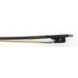 Nickel mounted violin bow with mother of pearl frog impressed Cuniot-Hury, 75cm in length