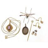 Gilt metal jewellery including a spider brooch, earrings and locket, 14.3g