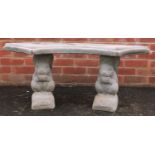 Stoneware garden bench with squirrel supports, 43cm high x 110cm wide