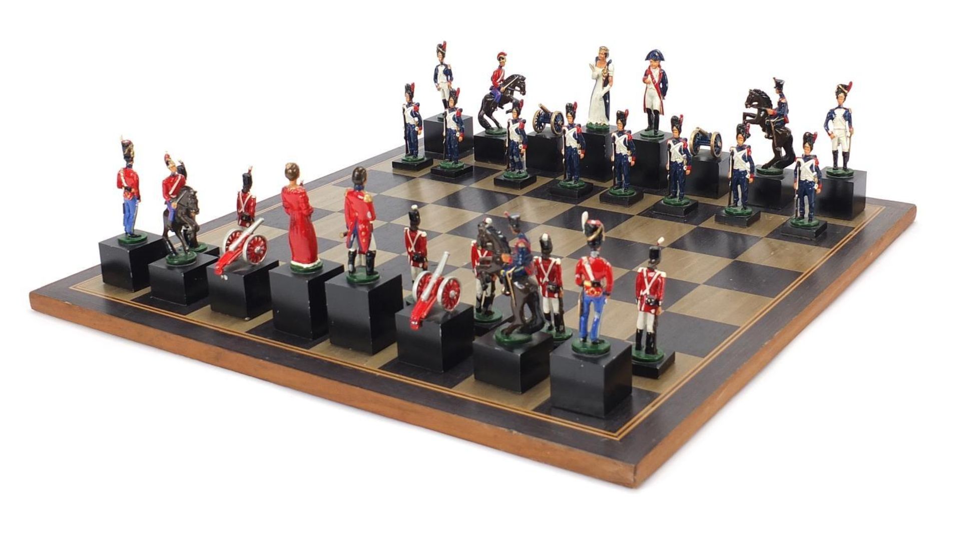 Hand painted metal Waterloo chess set with board, the largest pieces each 11cm high, the board - Image 2 of 7