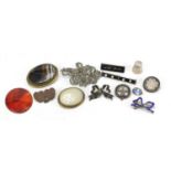 Antique and later jewellery including a large silver marcasite brooch, agate brooches, silver and