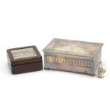 Metalware including Italian hardwood box with hinged lid having an inset silver plaque, miniature