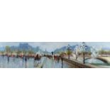 Panoramic Parisian street scene beside a river, French Impressionist oil on canvas, mounted and