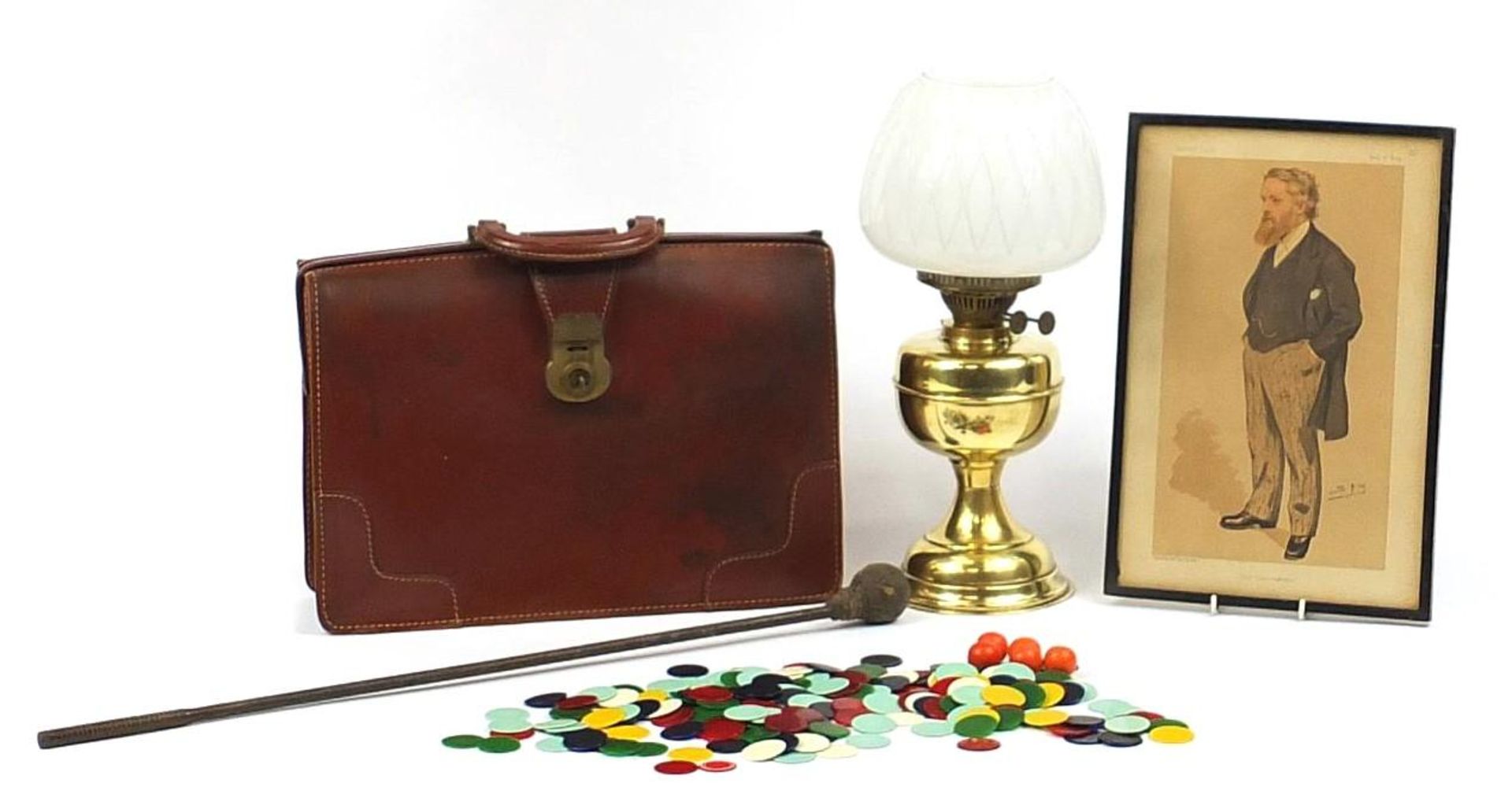 Sundry items including a oil lamp and gaming counters and a Spy print