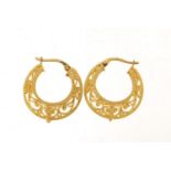 Pair of 18ct gold filigree hoop earrings, 2cm in diameter, 5.7g