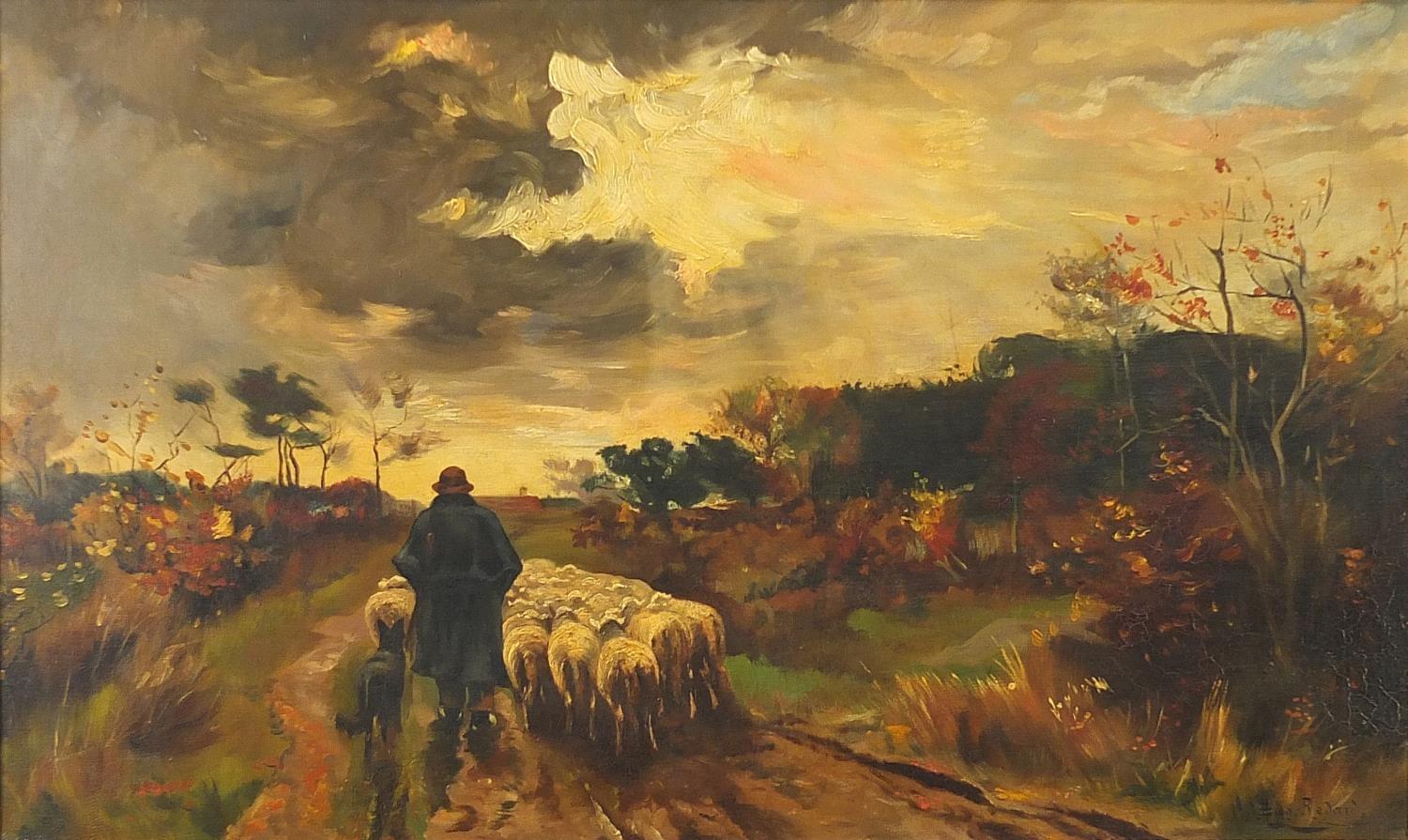 Eug Redard - Shepherd and flock, oil on canvas, mounted and framed, 74cm x 42cm excluding the