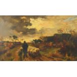Eug Redard - Shepherd and flock, oil on canvas, mounted and framed, 74cm x 42cm excluding the