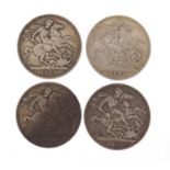 Four Queen Victoria silver crowns comprising dates 1891, 1896 and two 1889, 110g