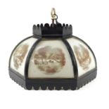 Vintage Currier & Ives light pendant with six glass panels depicting winter landscapes, 37cm in