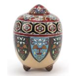 Japanese cloisonné three footed vase and cover enamelled with flowers, 8.5cm high