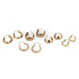 Five pairs of 9ct gold hoop earrings, the largest 2cm in diameter, total 9.2g