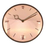 Smiths, Art Deco peach glass circular wall electric wall clock, 38cm in diameter