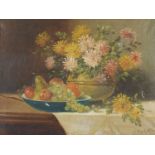 V Marlot - Still life flowers and fruit, Belgium school oil on canvas, framed, 78cm x 59cm excluding