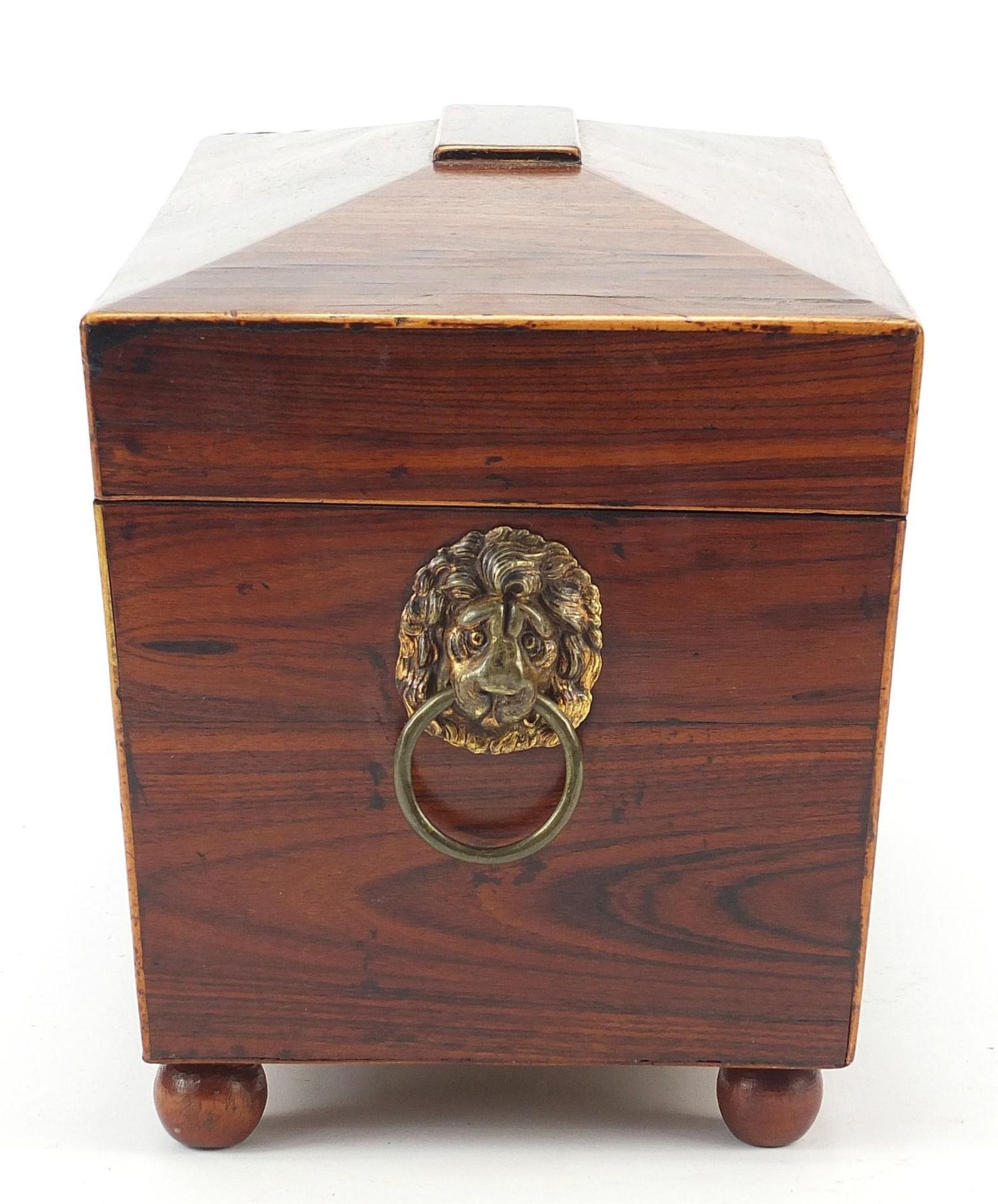 Victorian rosewood sarcophagus shaped tea caddy with lion mask handles, lidded compartments and - Bild 6 aus 10
