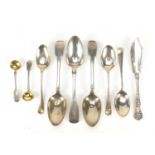 George IV and later silver flatware comprising three tablespoons, 1828, three desert spoons, 1924,