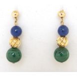 Pair of 9ct gold malachite and lapis lazuli drop earrings, 26mm high, 3.6g