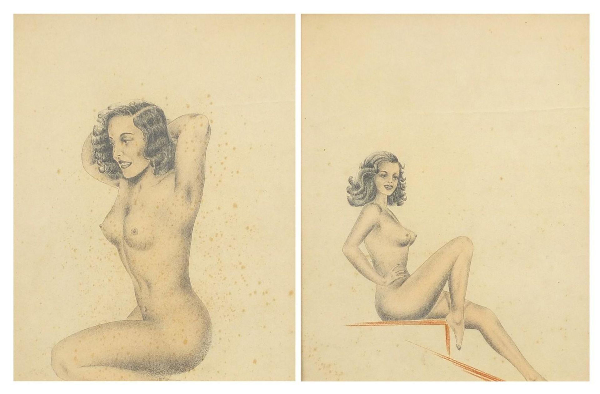 Nude females, pair of early 20th century mixed medias, framed and glazed, each 36cm x 28.5cm