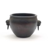 Chinese patinated bronze censer with animalia ring turned handles, character marks to the base, 13.