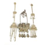 Chinese silver coloured metal items including a chatelaine and embossed pendant on chain, the