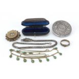 Antique jewellery including a turquoise necklace, buckle ring, silver serpent chain and a gold