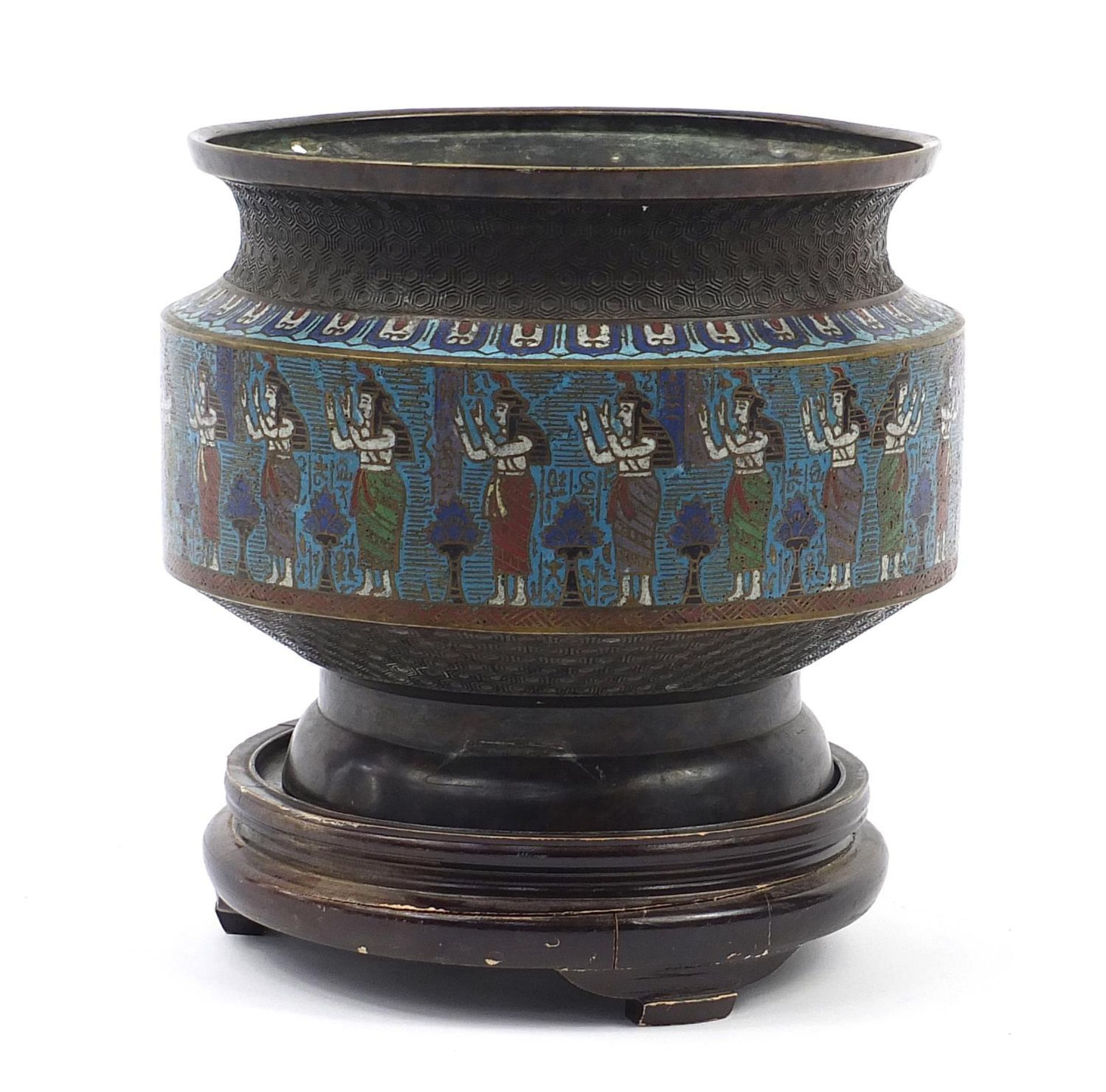 Large Chinese Egyptian revival cloisonné planter on carved hardwood stand, overall 30.5cm high x - Image 4 of 8