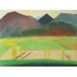 Kate Gault - Mountainous landscape, signed coloured crayon, label verso, mounted, framed and glazed,